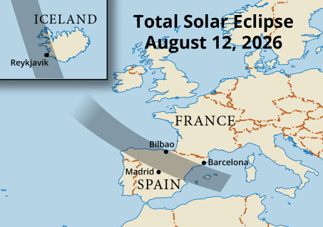 Path of totality across Iceland and Spain in 2026 (Map courtesy of Steven Simpson).