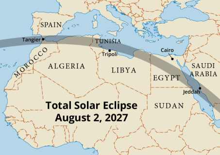 Path of totality across northern Africa in 2027 (Map courtesy of Steven Simpson).