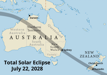 Path of totality across Australia and New Zealand in 2028 (Map courtesy of Steven Simpson).