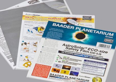 Baader AstroSolar Safety Film OD 5.0, available in 8x10 sheets, is easy to use to create homemade solar filters for cameras, binoculars, and telescopes (Photo by Baader Planetarium).