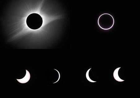 Images are of totality (upper left), annularity (upper right), and partial solar eclipses (Photos of totality and the partial phases by Rick Fienberg/TQ. Photo of annularity by Jay Anderson/TQ).